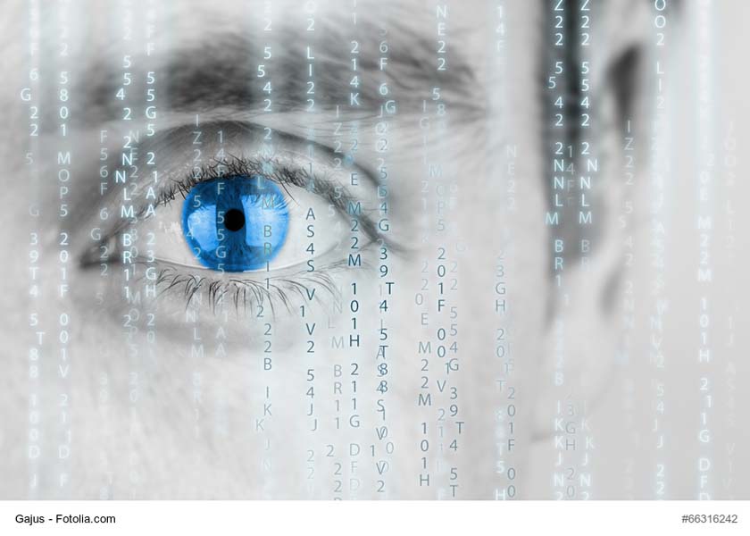 Futuristic image with human eye with blue iris and matrix texture.