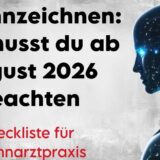 Ein Roboter liest folgende Sätze: KI kennzeichnen: Das musst du ab August 26 beachten. Inkl. Checkliste für deine Zahnarztpraxis