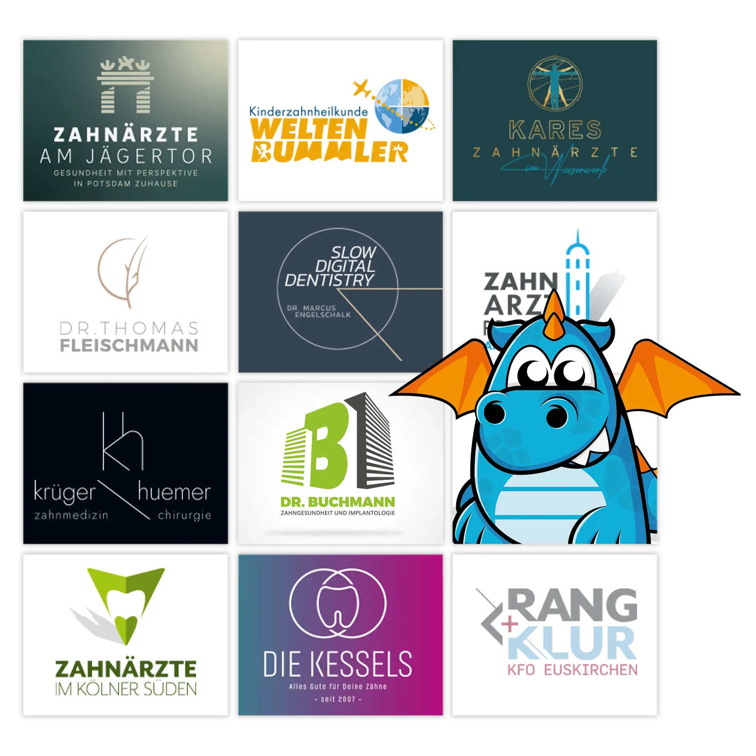 Blauer Drachen mit Zahnarztpraxis-Logos wie „SLOW DENTISTRY“ und „Dr. Buchmann“ im Hintergrund
