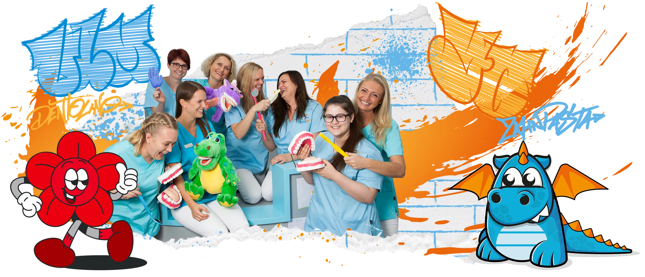 Kindergruppe auf einer Seite mit bunten Comic-Figuren und Kritzel-Illustrationen im Cartoon-Stil