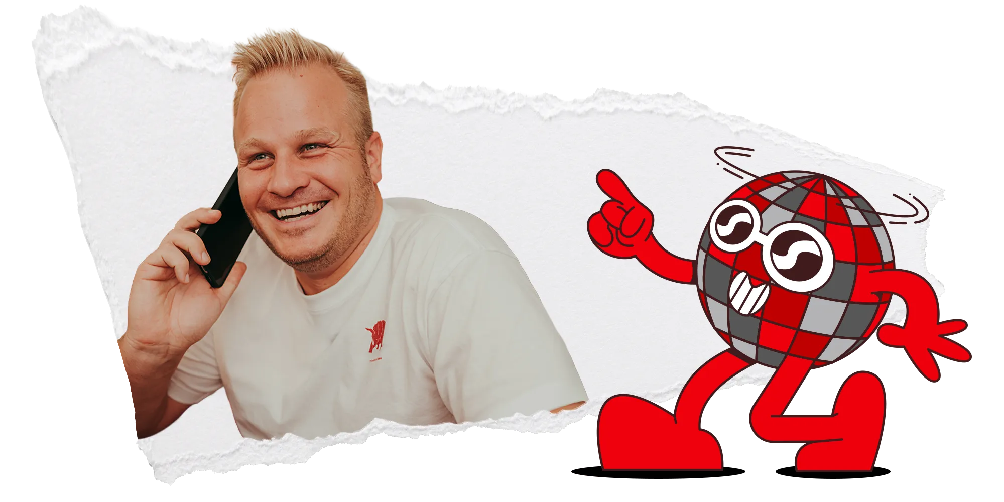 Blonder Mann telefoniert lächelnd am Schreibtisch, daneben ein rotes Cartoon-Icon als grafisches Symbol