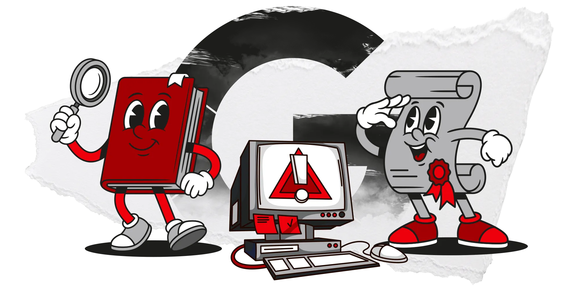 Roter Warn-Ordner mit Ausrufezeichen neben Laptop mit Gefahrdreieck und Sicherheits-Illustration.