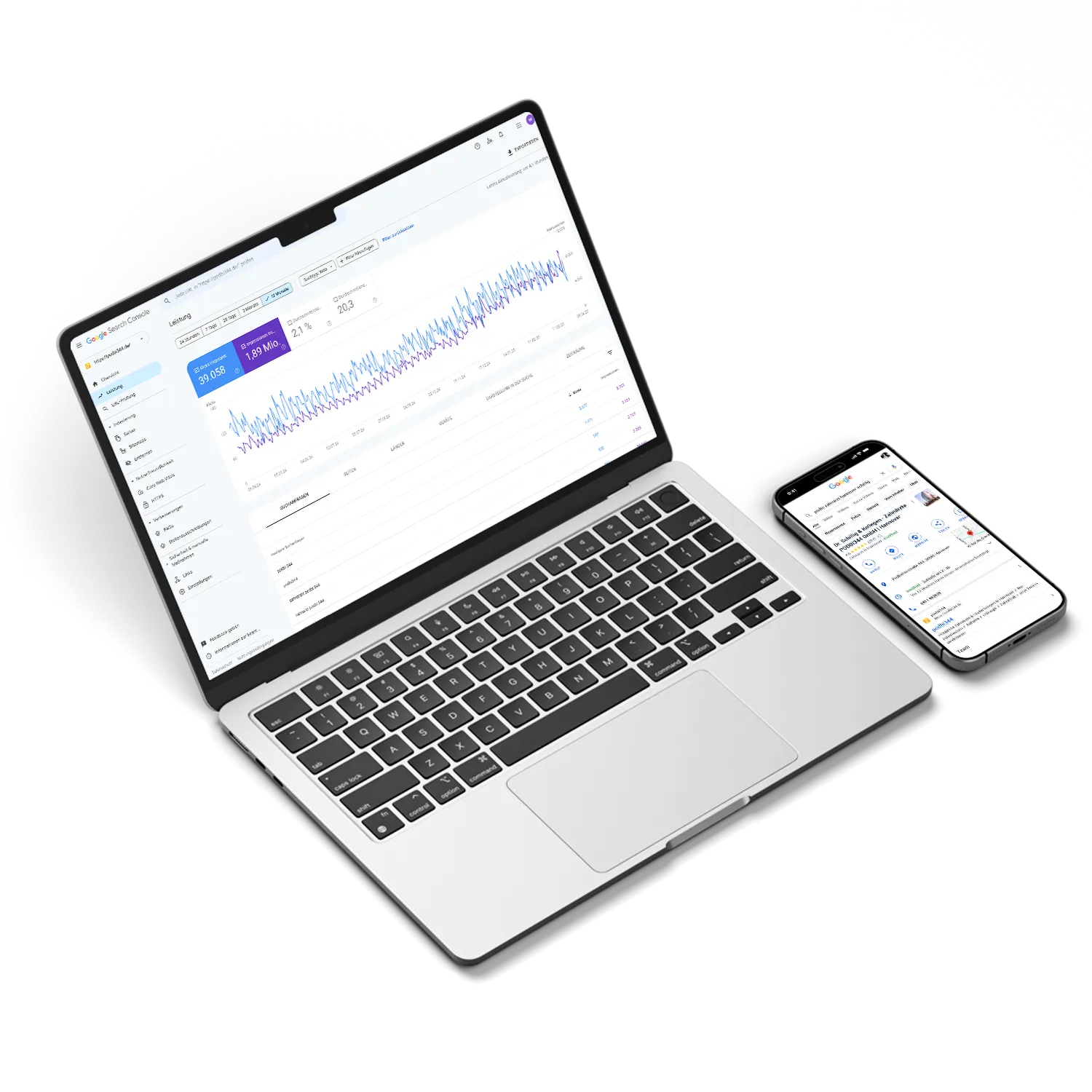 Laptop mit Projekt-Dashboard und daneben Smartphone, beide auf schwarzem Hintergrund