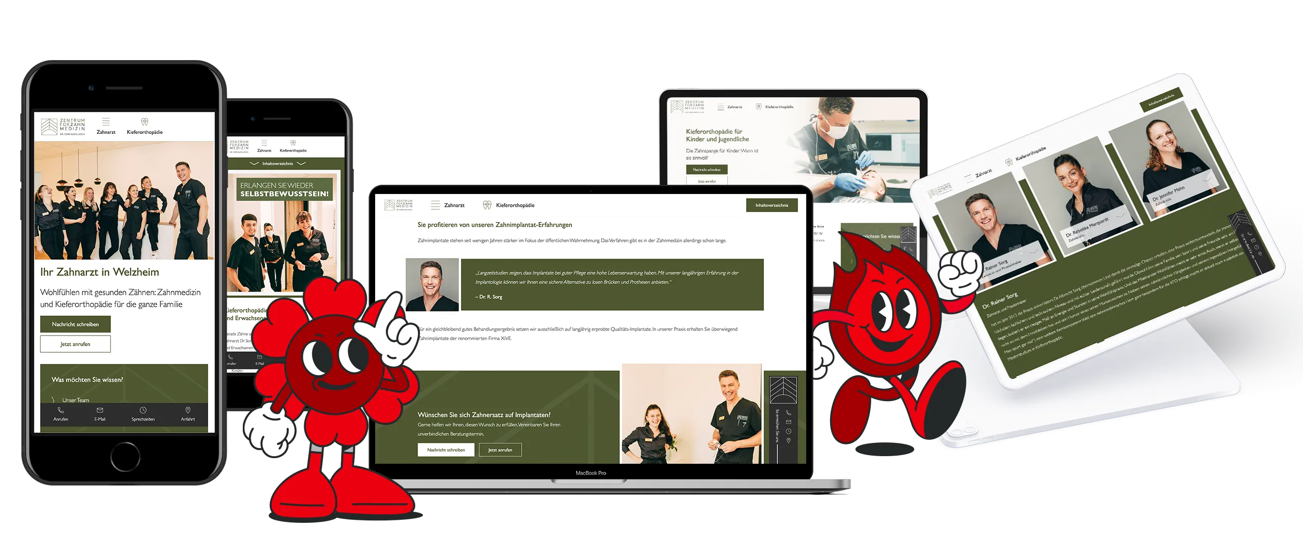 Portfolio-Website auf Smartphone, Tablet und Laptop mit Profilbildern und Textfeldern, flankiert von roten Figuren