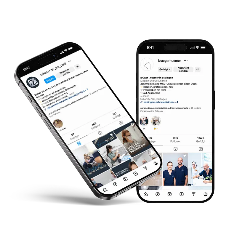 Zwei Smartphones zeigen eine Portfolio-Website mit Projektgalerie und Kontaktbereich.