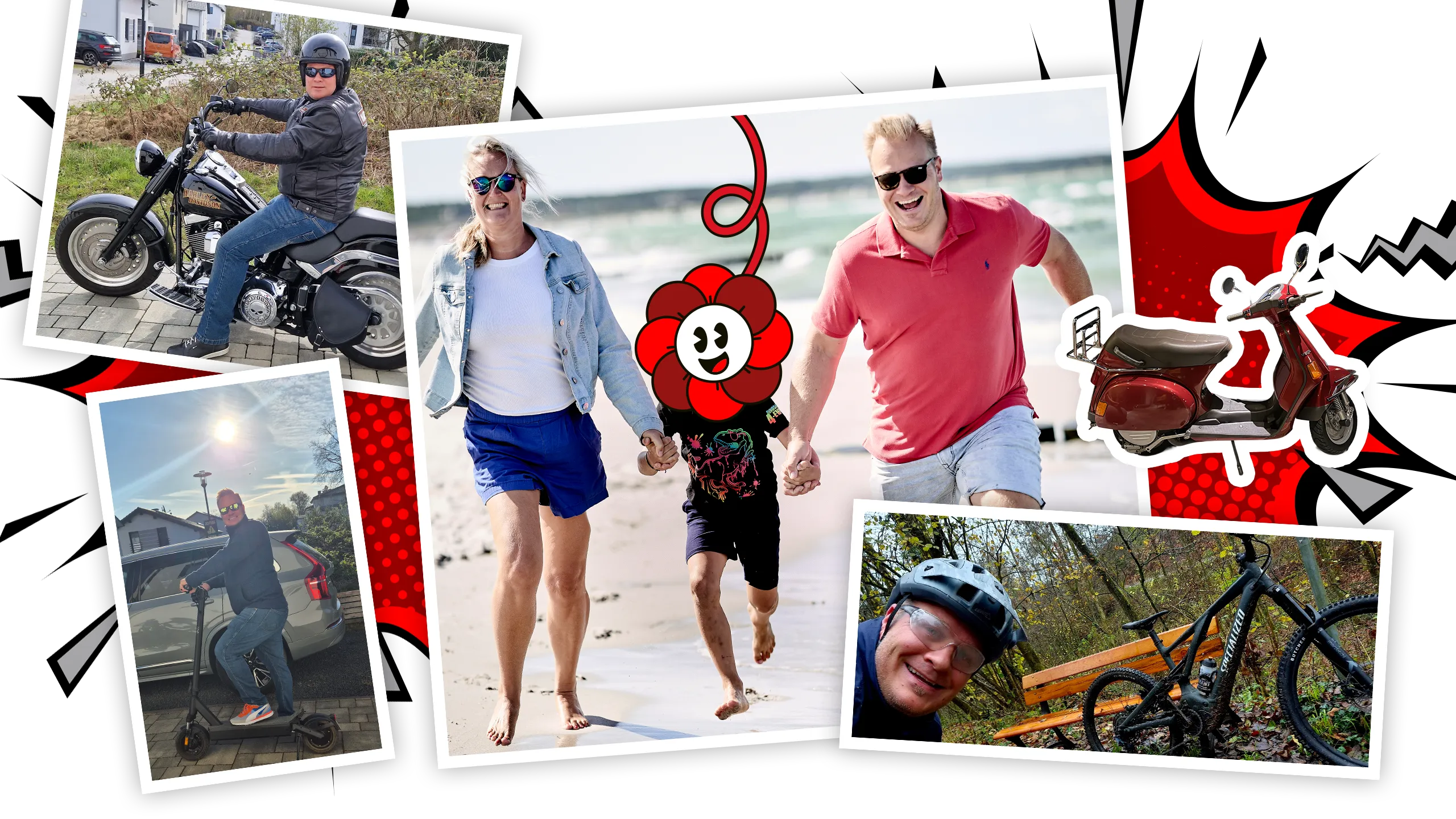 Collage mit Patrick Neumann: Motorradfahrer, gemeinsam am Strand laufend und mit dem Fahrrad unterwegs