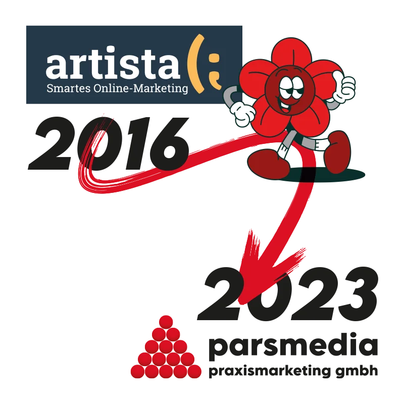 Artista-Logo mit rotem Cartoon-Charakter und Text „Smartes Online-Marketing“ für Online-Marketing