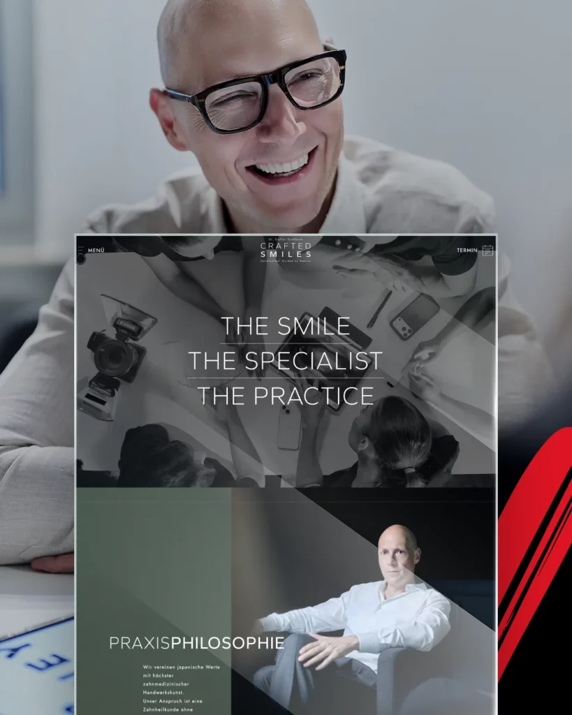 Zahnarzt mit Brille lächelnd, Overlay „Praxisphilosophie“ und „Crafted Smiles“.