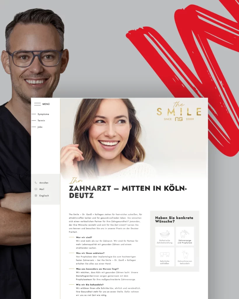 Zahnarzt-Referenzseite mit Porträt, Überschrift „Zahnarzt – mitten in Köln-Deutz“ und „Haben Sie konkrete Wünsche?“